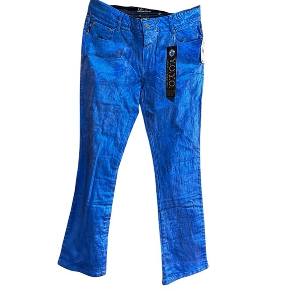 Y.O.Y.O Blue Metallic NWT Stretch Flare leg 5‎ pocket size 11/12 pants - Picture 1 of 13